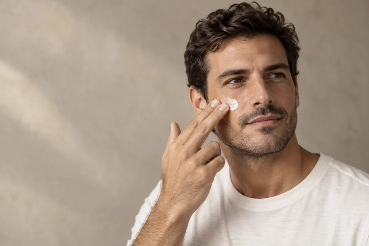 Uomo che applica delicatamente una crema sulla guancia con due dita — immagine generata con IA